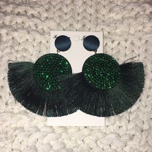 NWT! Emerald Green Jeweled Tassel Earrings!